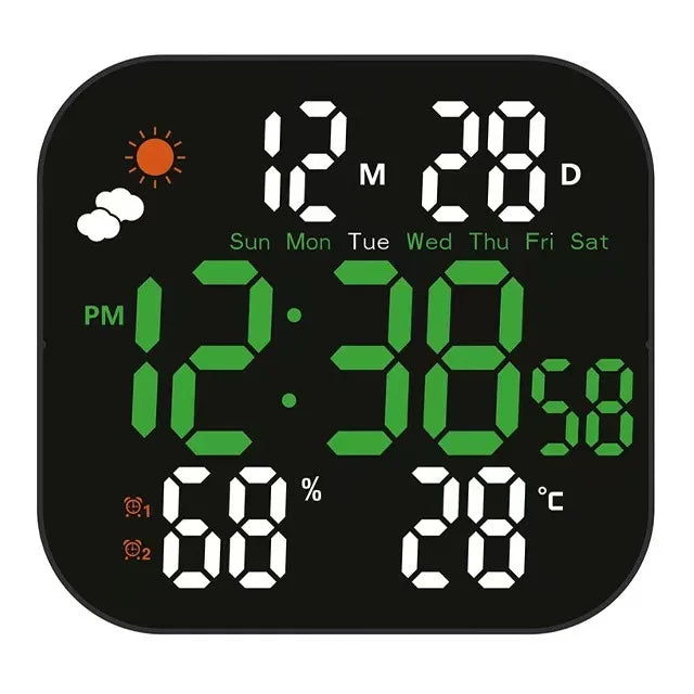 Wall Mountable Electronic Clock with Large Screen Real Time Temperature Humidity Readings Weather Forecast Green White