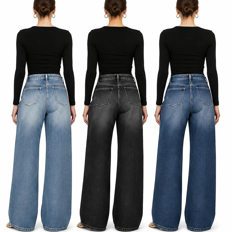 Women High Waist Wide Leg Jeans, Side Cutout Eyelet Rivet Denim Pants Loose Fit Hollow Out Flared Trousers Streetwear Fashion Baggy Jeans with Pockets
