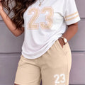 New Spring and Summer Women's Clothing: Casual Versatile Color-Blocked College-Style Round-Neck Number 23 Digital Print Short-Sleeve Top Paired with High-Waisted Loose Straight-Leg Shorts Two-Piece Set. T-Shirt and Color-Bloc