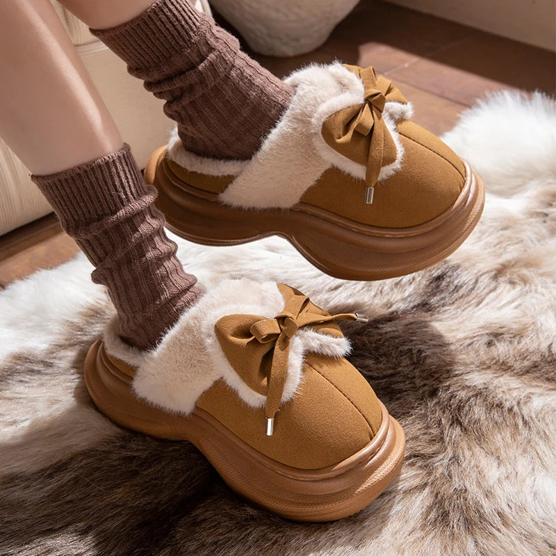 Bow Winter Women's Slippers Home Casual Plush Luxury Designer Woman Shoes Wedges Platform Fuzzy Fur Slides Fashion Soft Sole