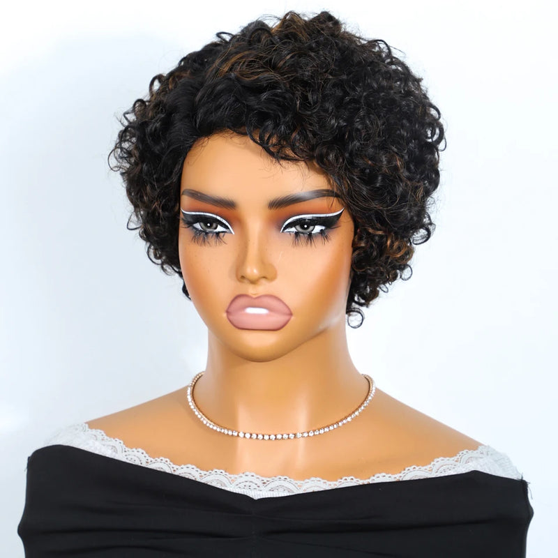 Natural Brown Short Pixie Cut Part Lace Jerry Curly 100% Human Hair Wigs With Bangs For Women Peruvian Remy Hair Glueless Wigs