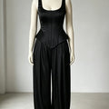 Laru Women Satin 2 Piece Outfit U Neck Corset Tank Top High Waist Harem Baggy Pants Elegant Party Daily Matching Suit