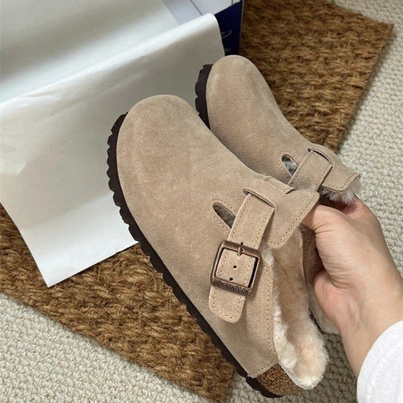 Women's Suede Fleece Lined Clogs with Buckle Warm Winter Mules Slippers Cork Sole Cow Suede Flat with Potato Shoes Beach