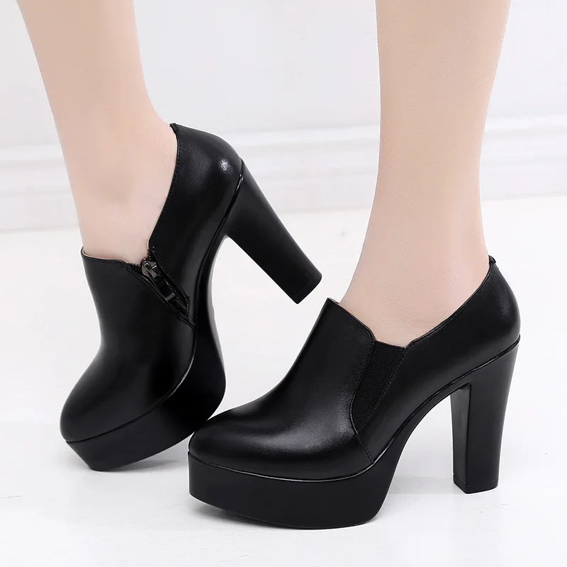 high quality leather shoe for women 8cm 11cm high heel platform point toe 32 33 34 elegant office autumn winter shoe black