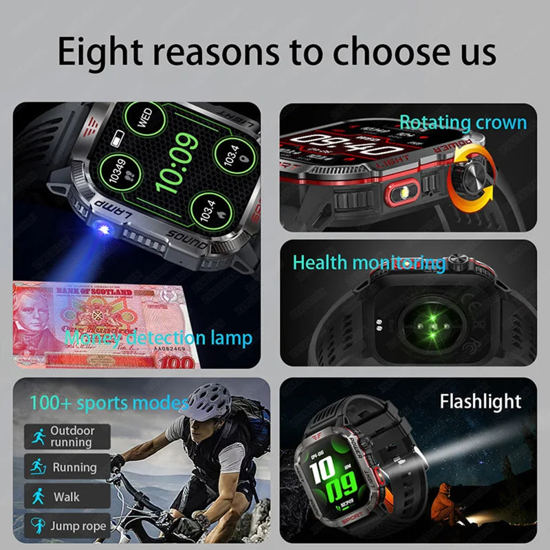 2026 Military GPS Smart Watch Money Detector Light Compass Waterproof Outdoor Sport Tracker Bluetooth Call Watch with Flashlight
