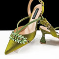 Queena Yan New Arrival Fashionable Olive Color Diamond Decorative Party Wedding Pointed Toe Women's High Heels and Bag Set