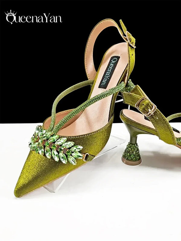 Queena Yan New Arrival Fashionable Olive Color Diamond Decorative Party Wedding Pointed Toe Women's High Heels and Bag Set