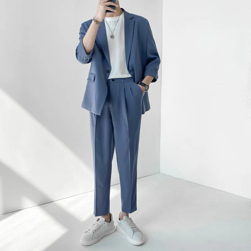 2022 Fashion Summer 2-piece Set Solid Color Single-breasted Casual Simple Student Wear Homme Loose Suits Wear (Blazers + Pants)