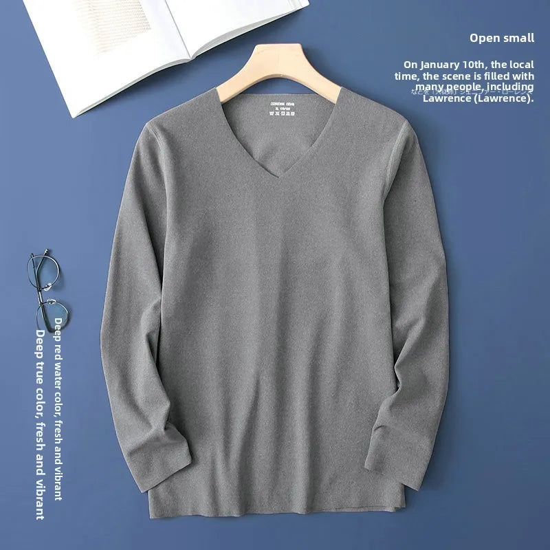 Double-Sided Deroing Men's Long Sleeve V-Neck Thermal Top Seamless Comfortable Cotton Knitted Base Layer Shirt Casual Fashion