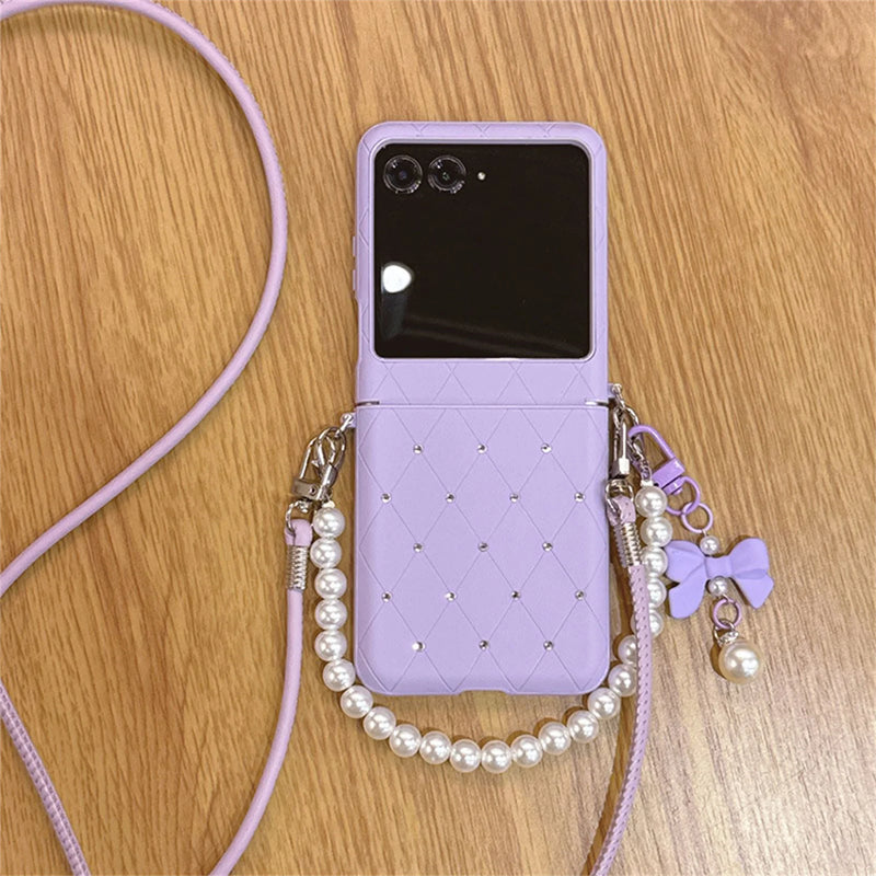 Luxury Glitter Diamond Check Phone Case With Bow Pendant Leather Strap for Motorola Razr 60 Ultra Razr2025 Razr 50Ultra Cover