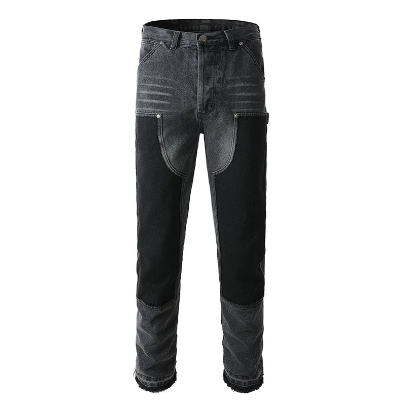 Men Patch Cargo Denim Jeans Streetwear Rivet Released Hem | SAMAG