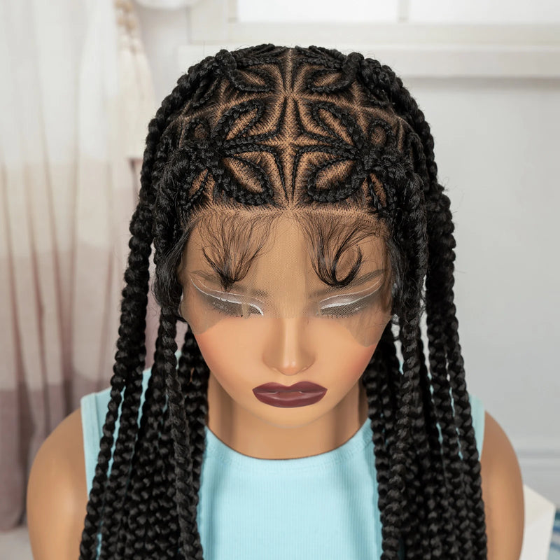 36in Full Lace Cornrow Braided Wigs Synthetic Natural Braiding Hair Wigs Box Braided Lace Wigs with Baby Hair for Black Women