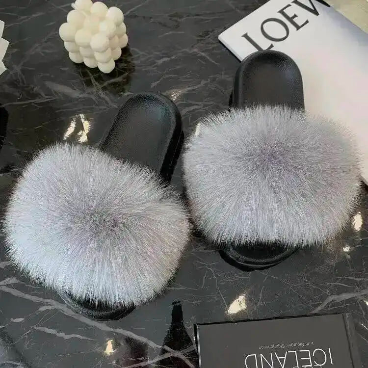 Women Real Raccoon Fur Slides Fluffy Luxury Furry Open Toe Slippers Indoor Outdoor Summer Sandals Non Slip Soft Comfy Sole Cozy
