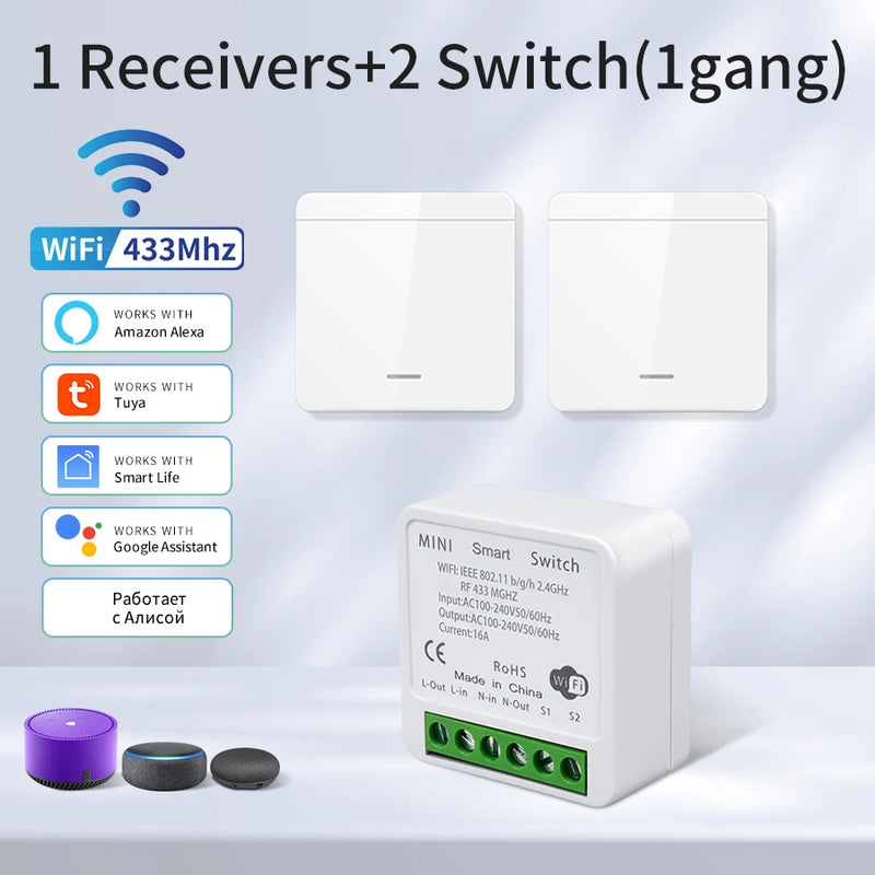 Tuya WiFi Smart Switch 433Mhz Relay Receiver Wireless 1/2/3 Gang 86 Wall Panel Switch APP Control Works with Alexa Google Home