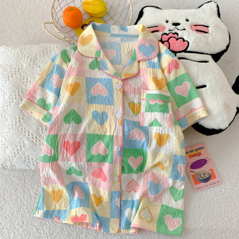 Cartoon Hello Kitty Summer Cardigan Lapel Women's Pajama Set Cloud Cotton Cute Printed Casual Loungewear Three-piece Set