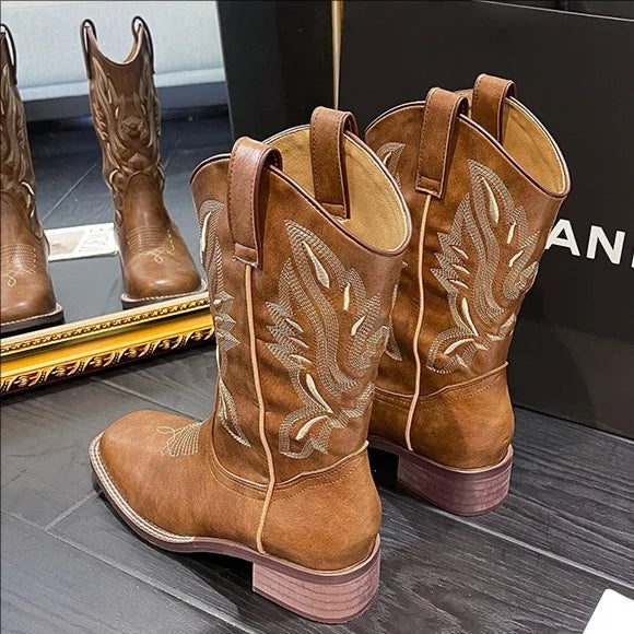 Hot Sale Tenis De Mujer Embroidery Ankle Boots Square Toe Slip-On Women Boots Western Cowboy Boots New Design Zapatos De Mujer