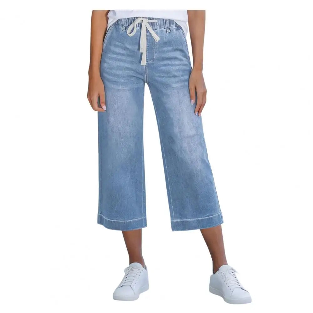 Cropped Pants for Women, High-Stretch Denim Wide-Leg Trousers, Drawstring Waistband Casual Summer Pants Denim Jeans Women