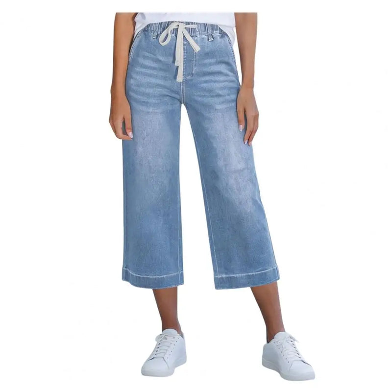 Cropped Pants for Women, High-Stretch Denim Wide-Leg Trousers, Drawstring Waistband Casual Summer Pants Denim Jeans Women