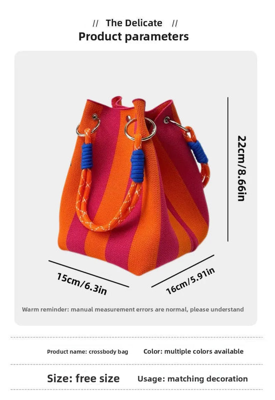 Korean Style Mini Knit Tote Bag Women Striped Crochet Bucket Handbag Lightweight Summer Daily Shoulder Purse For Vacation
