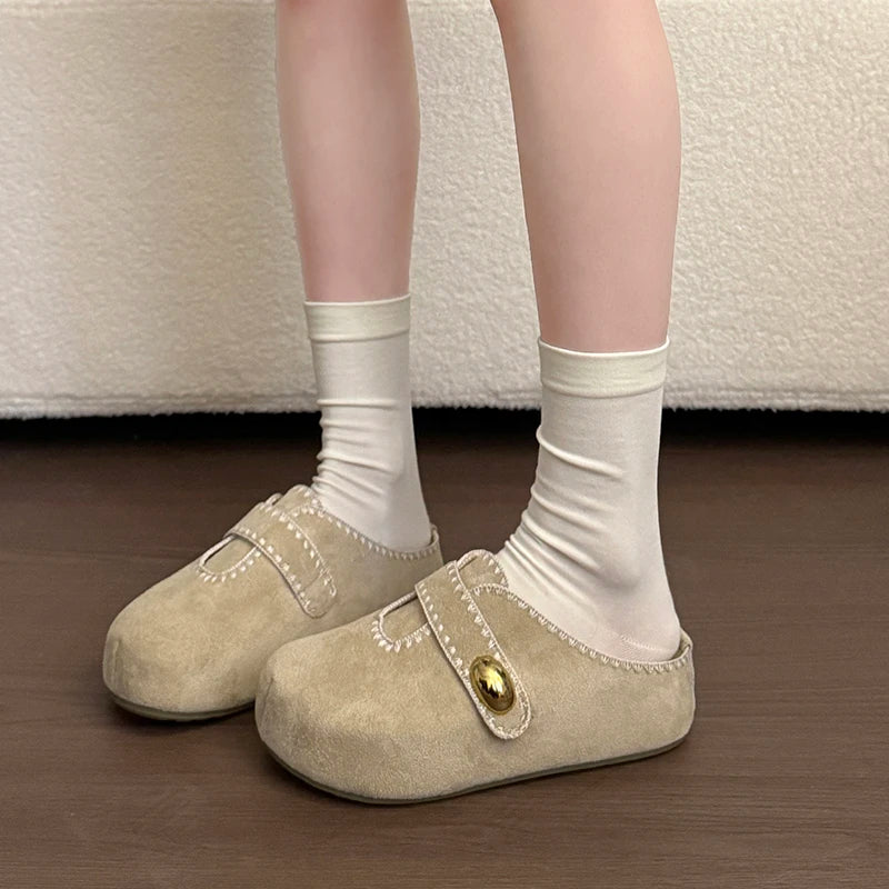 Women's Ladies Suede Flat Clogs Mules Slides with Contrast Stitching Closed Toe Slip On Comfotrable Casual Daily Slippers Shoes