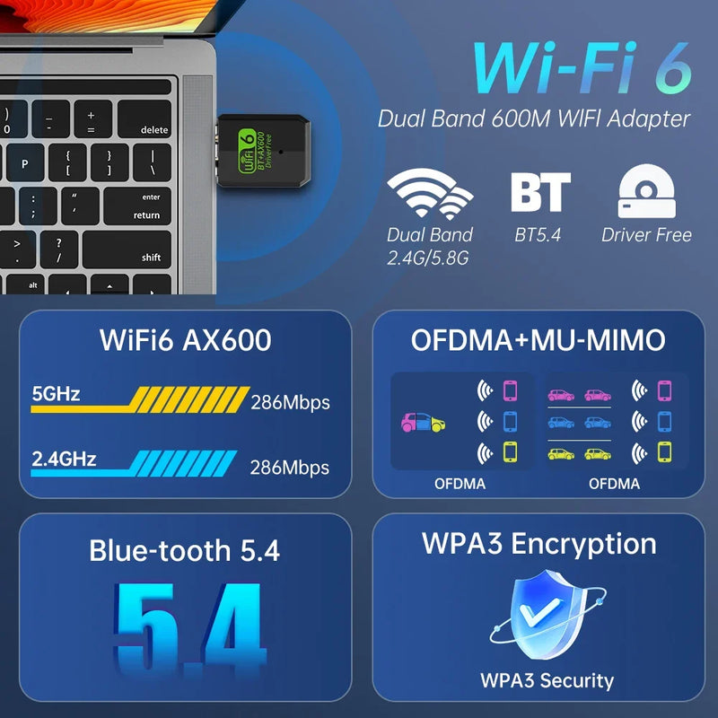 Wifi 6 Adapter AX600/AX300 Bluetooth5.4 Usb 2.4G/5Ghz Antena PC Laptop Dongle 802.11ax Wireless Network - Visuel 2 | SAMAG