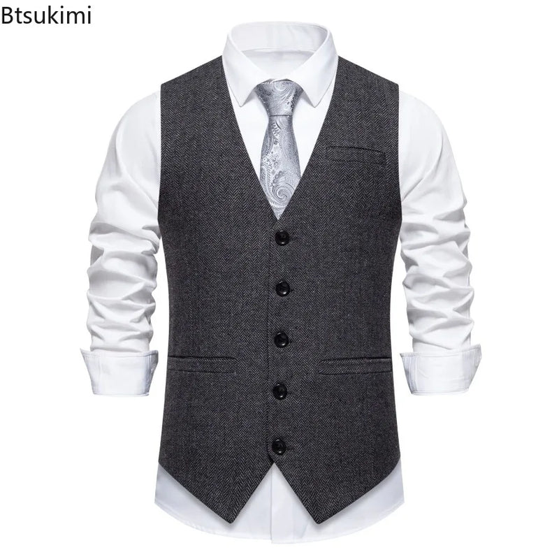 Men's Suit Vests Solid Color Herringbone Suit Waistcoat Business Casual Working Wear Retro Brown Single Breasted Vest for Men