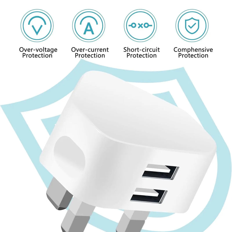 Universal UK Plug Dual USB Wall Charger 5V 2.1A Fast Charging Power Adapter 3 Pin Mains Travel Charger for iPhone 14 13 iPad Sam