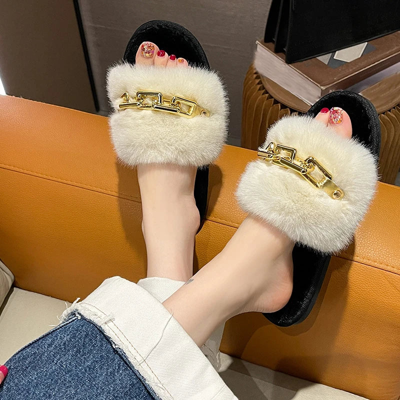 Fluffy Women's Slippers Home Winter Chain Luxury Designer Woman Shoes Plush Indoor Casual Platform Fuzzy Fur Slides Elegant New