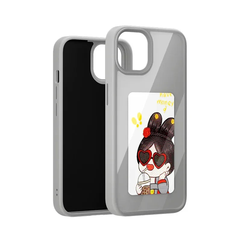 Smart E-ink Screen Phone Case For IPhone 16 15 14 13 12 11 Pro Max NFC Refesh Photo Anime Characters Girl Silicone Phone Cover