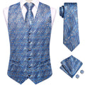 Hi-Tie Navy Blue Mens Vest Formal Paisley Waistcoat Jacket Tie Handkerchief Cufflinks Set For Male Dress Suit Wedding Party