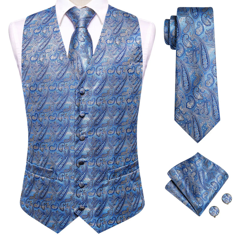 Hi-Tie Navy Blue Mens Vest Formal Paisley Waistcoat Jacket Tie Handkerchief Cufflinks Set For Male Dress Suit Wedding Party