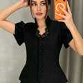 Women V Neck Puff Sleeve Cropped Blouse Button Slim - View 5 | SAMAG
