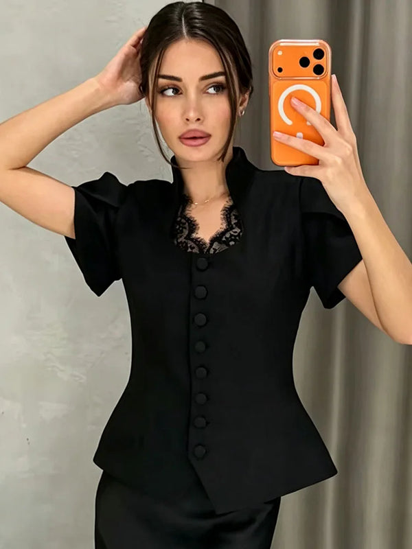 Women V Neck Puff Sleeve Cropped Blouse Button Slim - View 5 | SAMAG