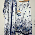 Design retro positioning printed long cardigan+vest three piece set for spring women's clothing+loose pants skirt fashion set