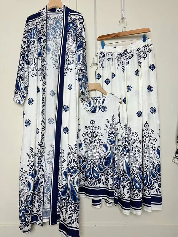 Design retro positioning printed long cardigan+vest three piece set for spring women's clothing+loose pants skirt fashion set