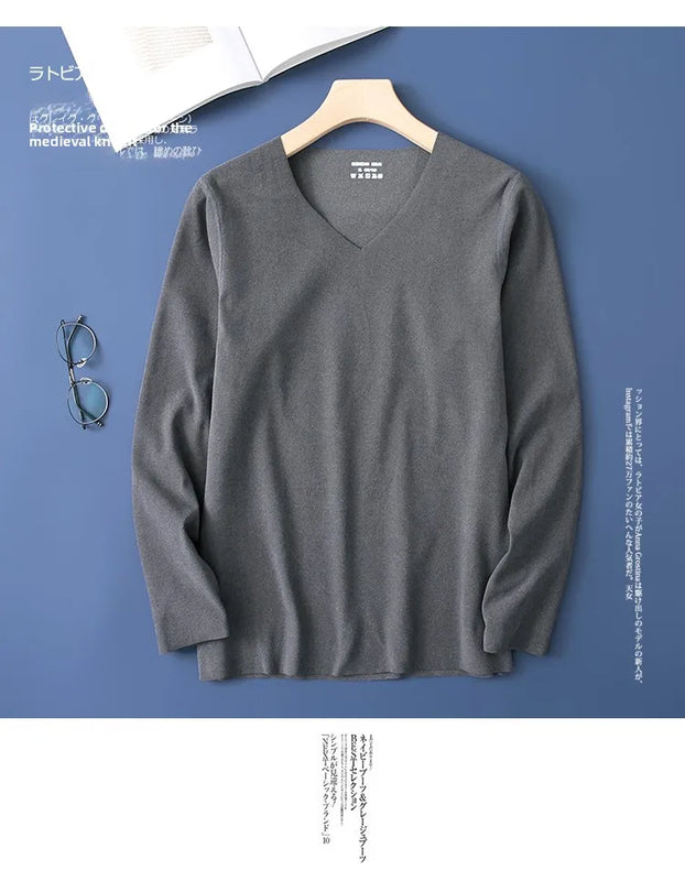 Double-Sided Deroing Men's Long Sleeve V-Neck Thermal Top Seamless Comfortable Cotton Knitted Base Layer Shirt Casual Fashion