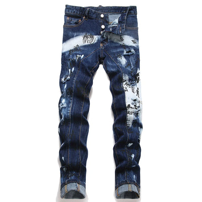 Men Letters Printed Denim Jeans Holes Ripped Patchwork | SAMAG
