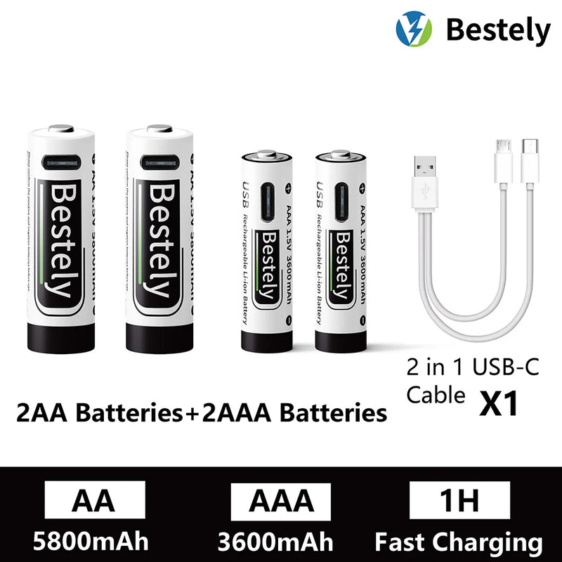 AA AAA Battery 1.5V 5800mAh and 3600mAh Lithium Rechargeable Batteries Fast Charging Li-ion Battery 2000 Cycles Type-C Cable