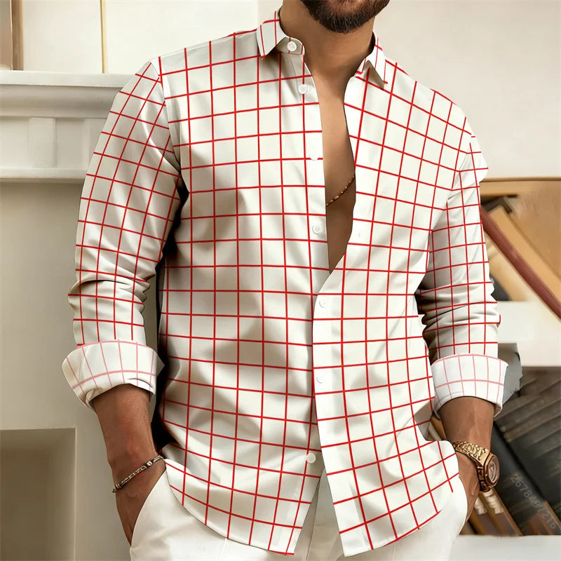 Best-Selling Men's 3D Printed Plaid Long-Sleeved Shirt | SAMAG
