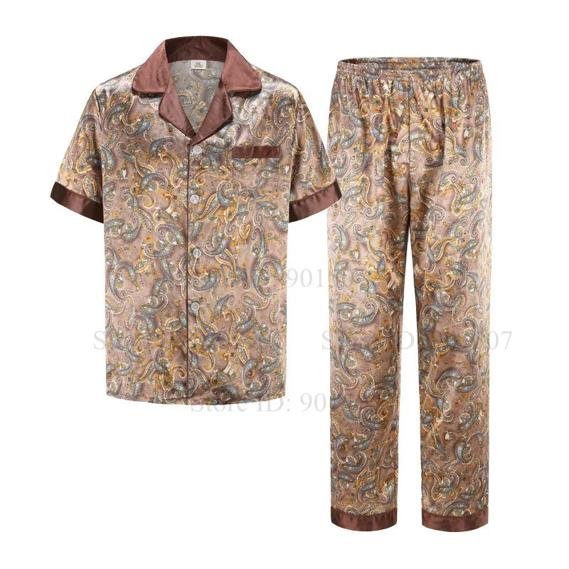 Ice Silk Robe Loose Nightwear Loungewear Male Casual Home Clothes Print Shirt&pants Summer Autumn New Bathrobe with Pocket