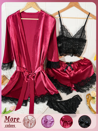 Women Satin Pajama Set Robe Lace Lingerie Sexy Silk | SAMAG