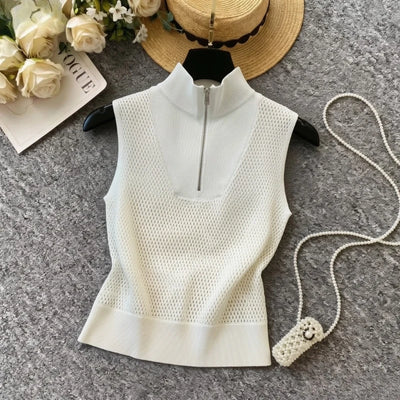 Women White Half Zip Mock Neck Sleeveless Knit Sweater | SAMAG