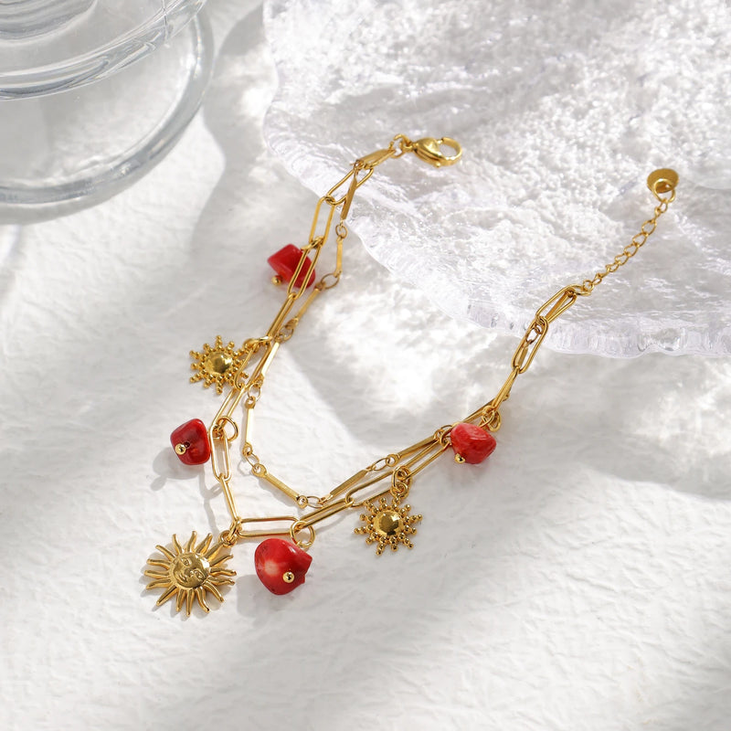 Stainless Steel Red Natural Stone Sun Pendant Double Bracelet Simple Irregular Chain Gold Women Jewelry Birthday Gift