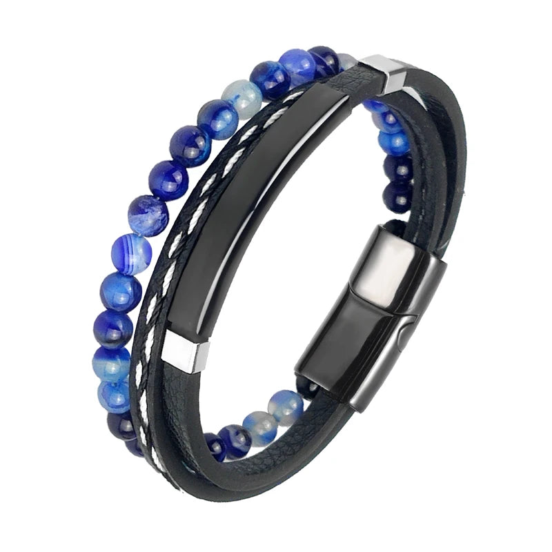 MingAo Charm Men Jewelry Natural Stone Multi-Layer Leather bracelet Black Stainless Steel Magnetic Clasp Tiger eye Bead Bracelet
