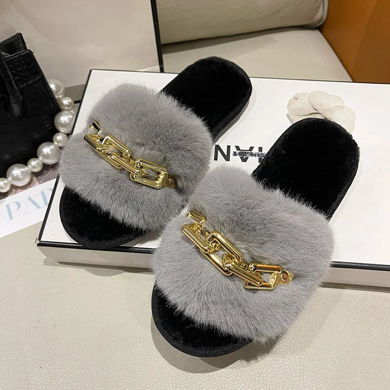 Fluffy Women's Slippers Home Winter Chain Luxury Designer Woman Shoes Plush Indoor Casual Platform Fuzzy Fur Slides Elegant New
