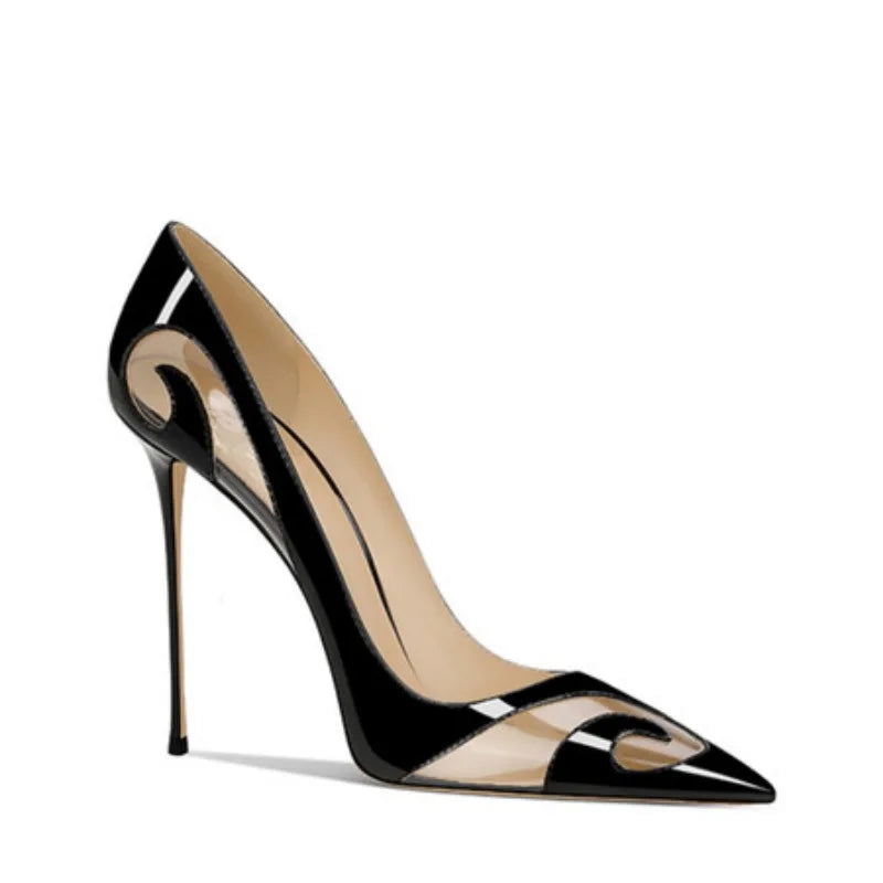 Spring New High Heels Soft Leather Pointed Black Slim Heels Women's Shoes Pvc Transparent Pointed Toe Thin High Heels Women Pump