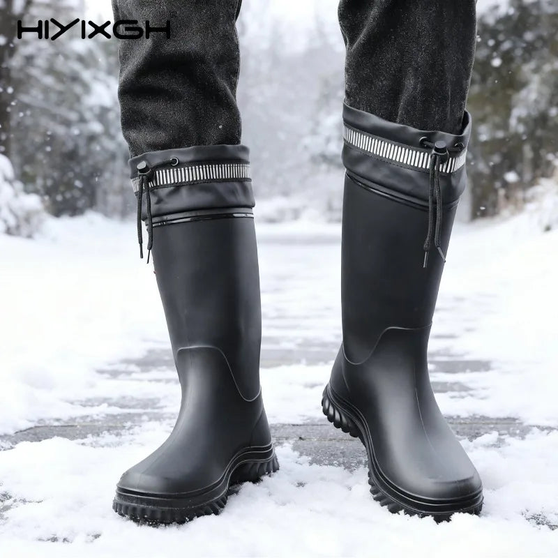 Men's Mid-Calf Plush Lined Rain Boots Waterproof Non-slip Wear-resistant Lightweight Water Shoes for Outdoor Fishing Work