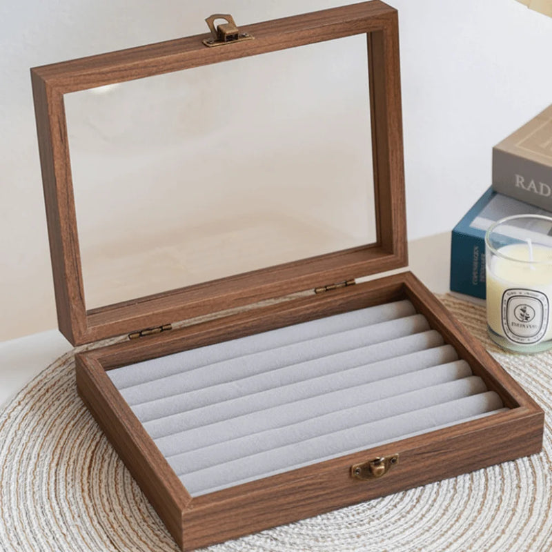 Retro Elegant Wood Jewelry Box Glass Lid Dust-proof Jewelry Organizer Velvet Storage Box Ring Display Holder Desk