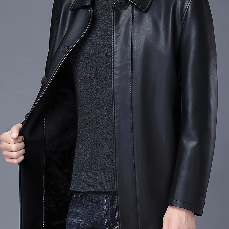 Classic Mid-Length Lapel Trench Coat with Fleece Lining for Warmth, Leather and Fur Integrated Men's Pu Coat, Luxurious Business