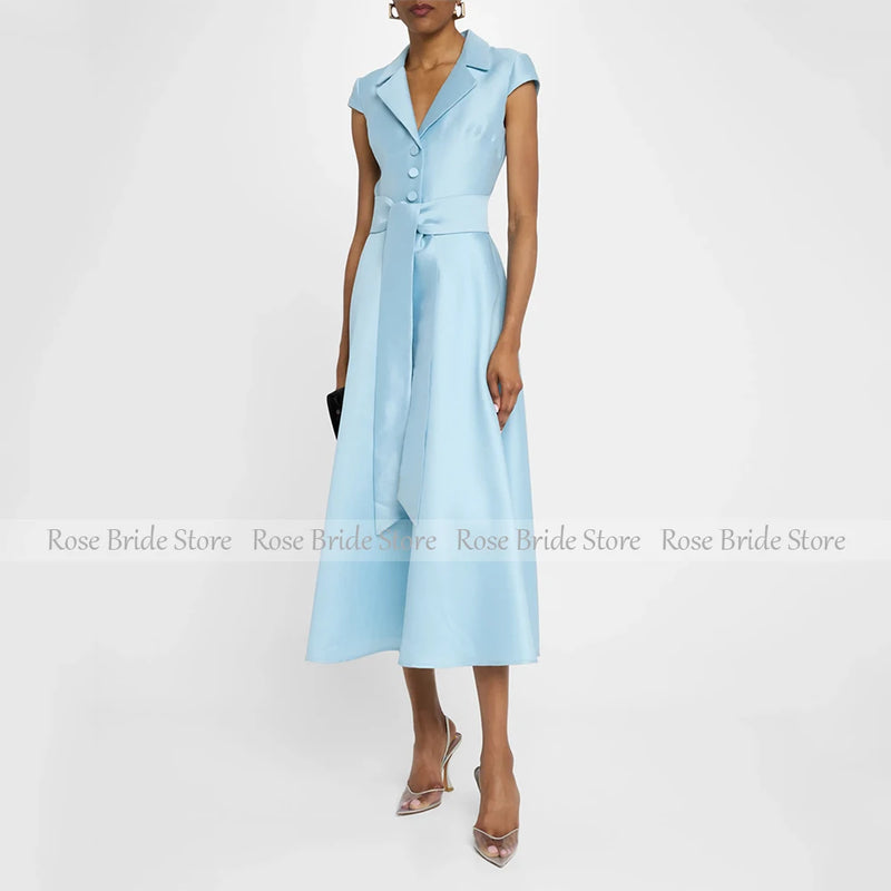 Midi Cocktail Dress Cap Sleeves V Neck A Line Tea Length | SAMAG